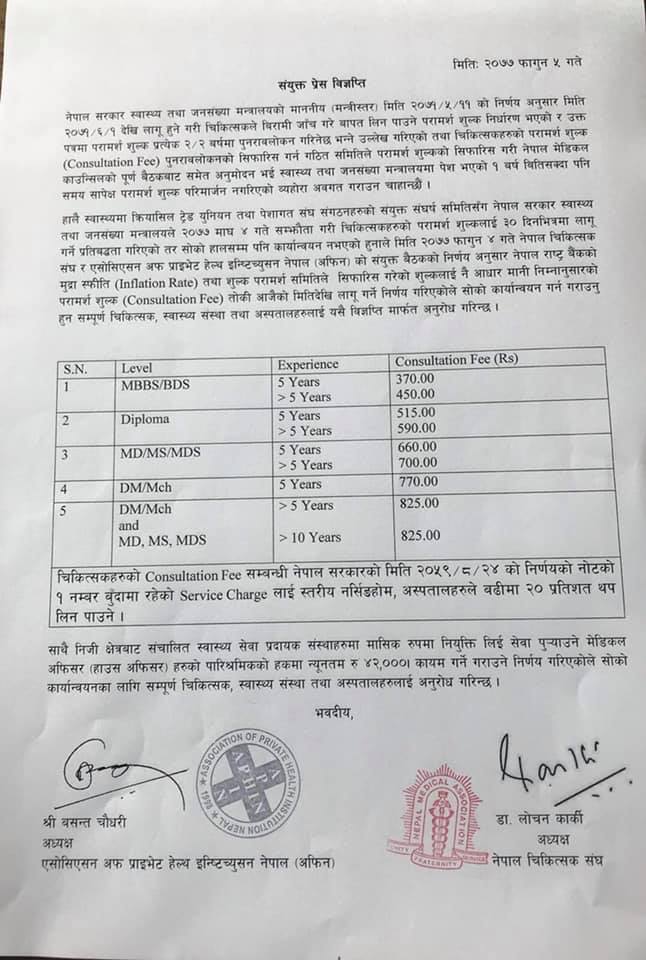 चिकित्सकीय  शुल्क पुनरावलोकन: अब ३७० देखि ८२५ सम्म
