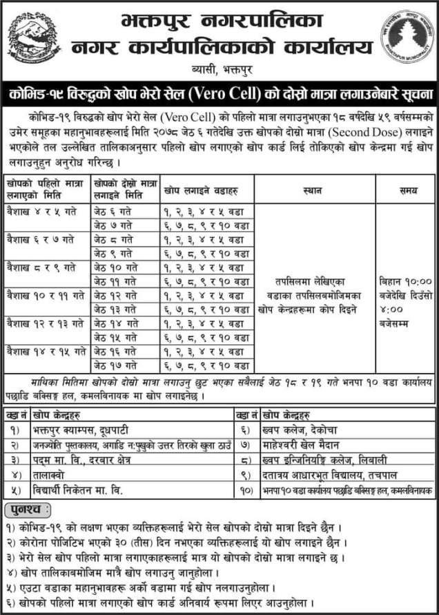 भक्तपुरमा जेठ ६ देखि भेरोसेलको दोस्रो डोज, १० वटै वडामा खोप केन्द्र