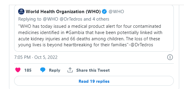 मेडन फर्मास्युटिकल्स कम्पनीको रुघाखोकीको औषधि बालबालिकामा प्रयोग नगर्न विश्व स्वास्थ्य संगठनको सुझाव