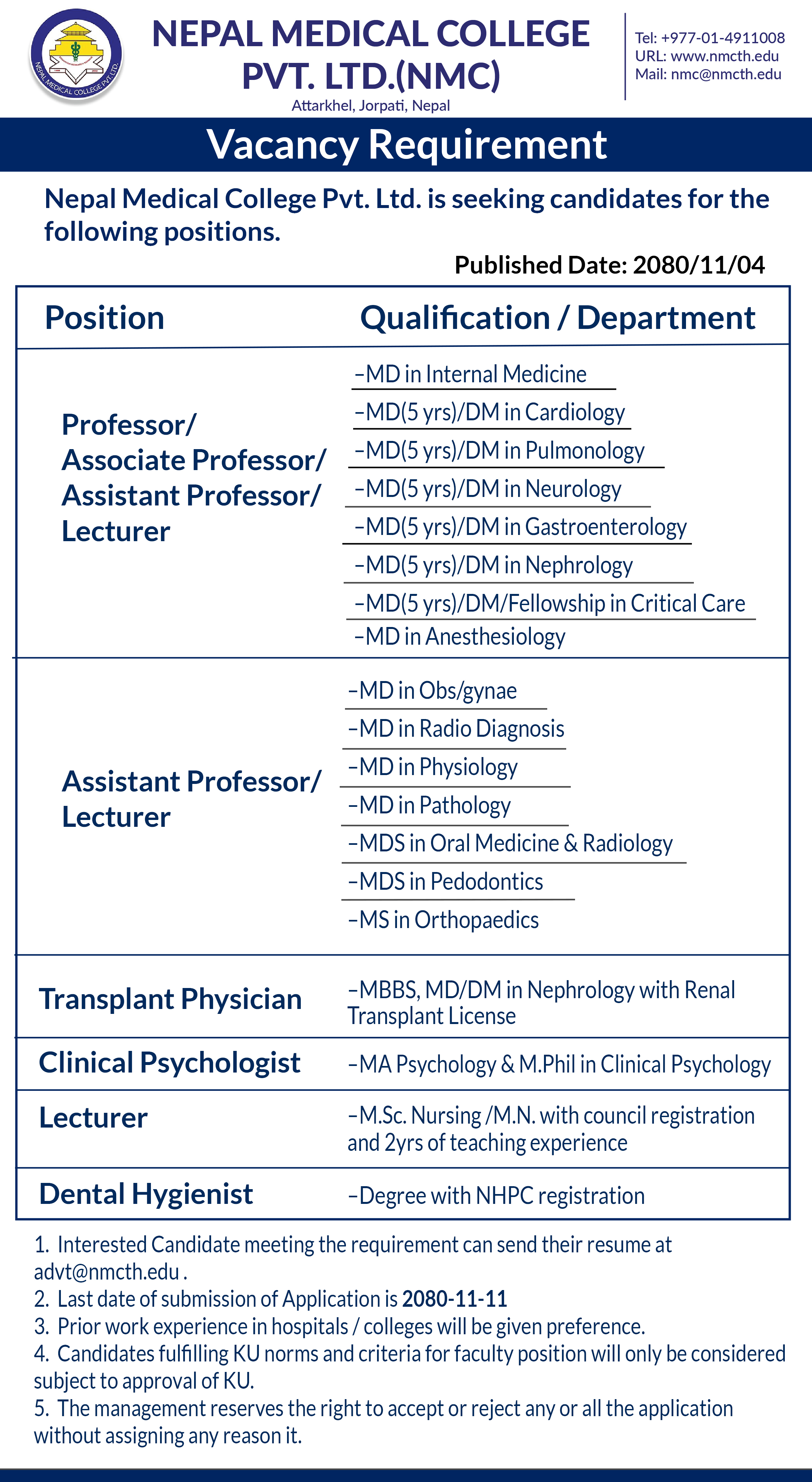 नेपाल मेडिकल कलेजमा विभिन्न विधाका विशेषज्ञ चिकित्सकहरुको माग